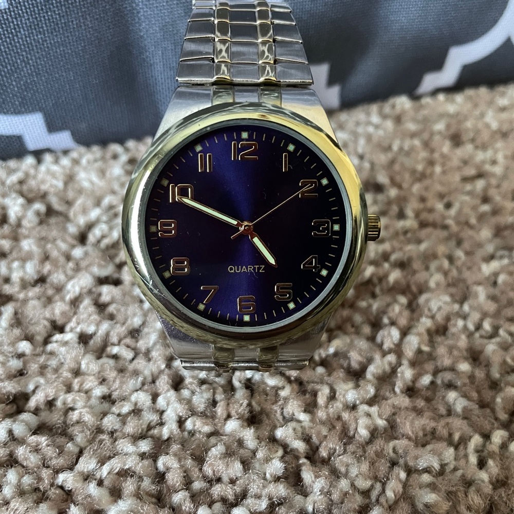 Two-Tone Metal Bracelet Watch with Deep Blue Dial